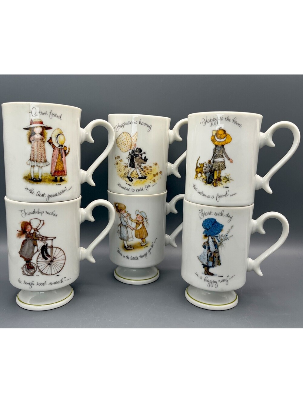 Vintage 1973 Holly Hobbie Pedestal Mugs Set of 6 Porcelain Japan World Wide Arts